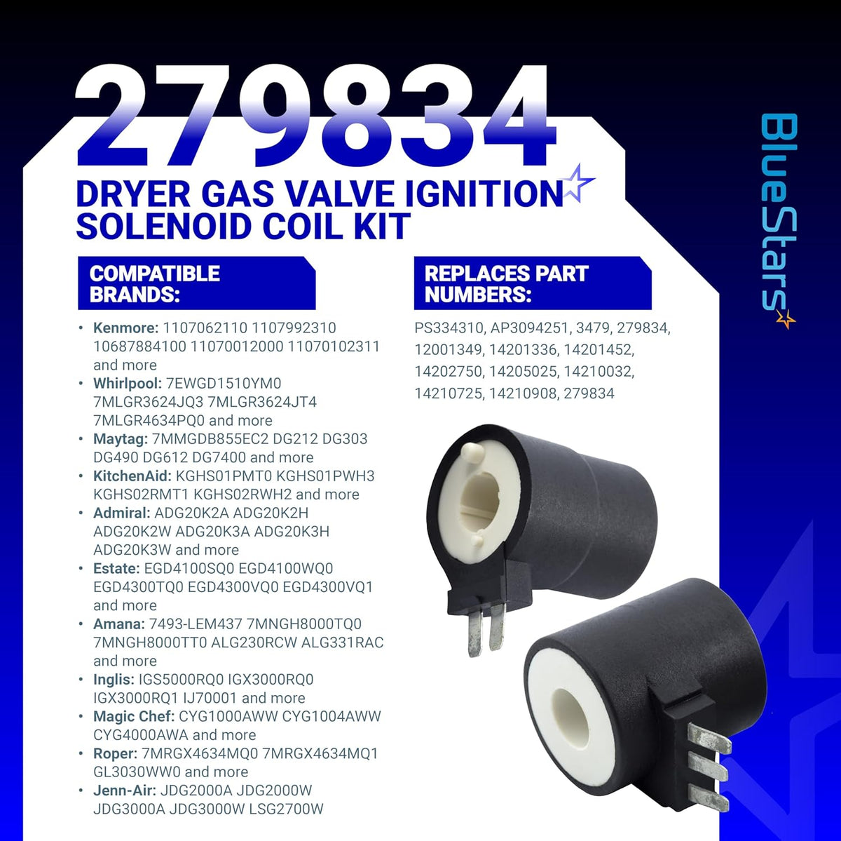 279834 dryer gas valve ignition solenoid coil kit with compatibility and replacement part number information.