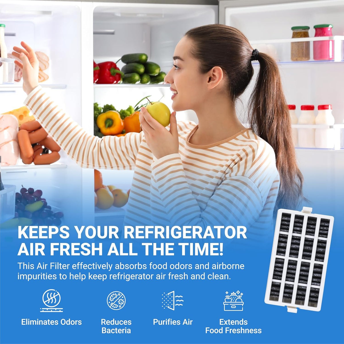 Woman holding an apple in front of a refrigerator with a W10311524 air filter cartridge shown in the corner.