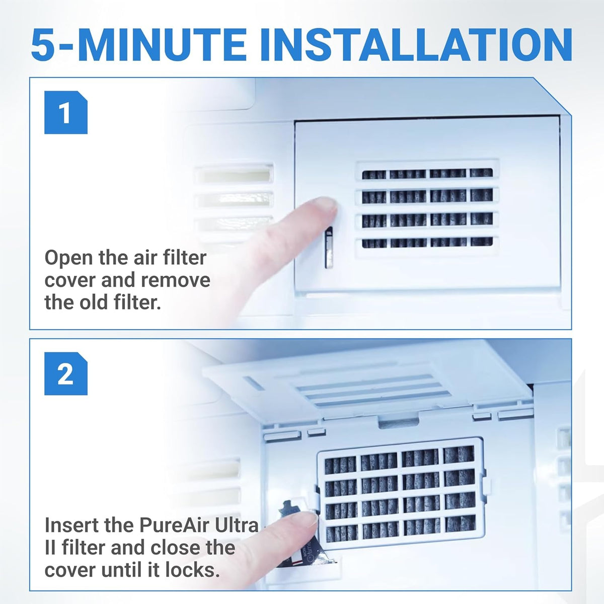 Two-step installation guide for W10311524 refrigerator air filter showing how to open cover and insert new cartridge.