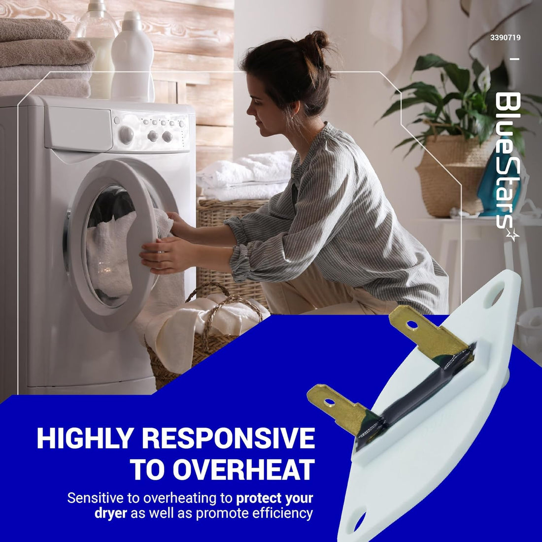 3390719 dryer thermal fuse replacement part shown in a lifestyle graphic for Whirlpool and Kenmore dryers.