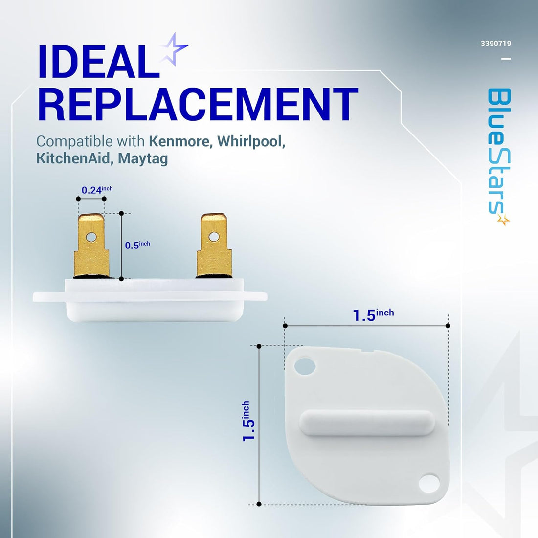 3390719 dryer thermal fuse showing dimensions and compatibility for Whirlpool and Kenmore dryers.
