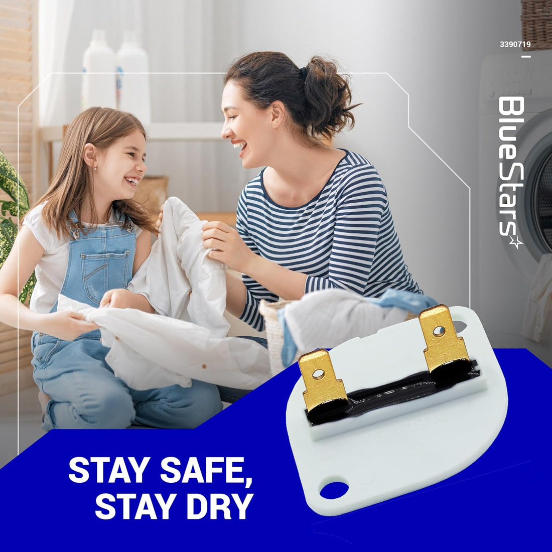 3390719 dryer thermal fuse replacement part for Whirlpool and Kenmore dryers shown in a lifestyle product graphic.