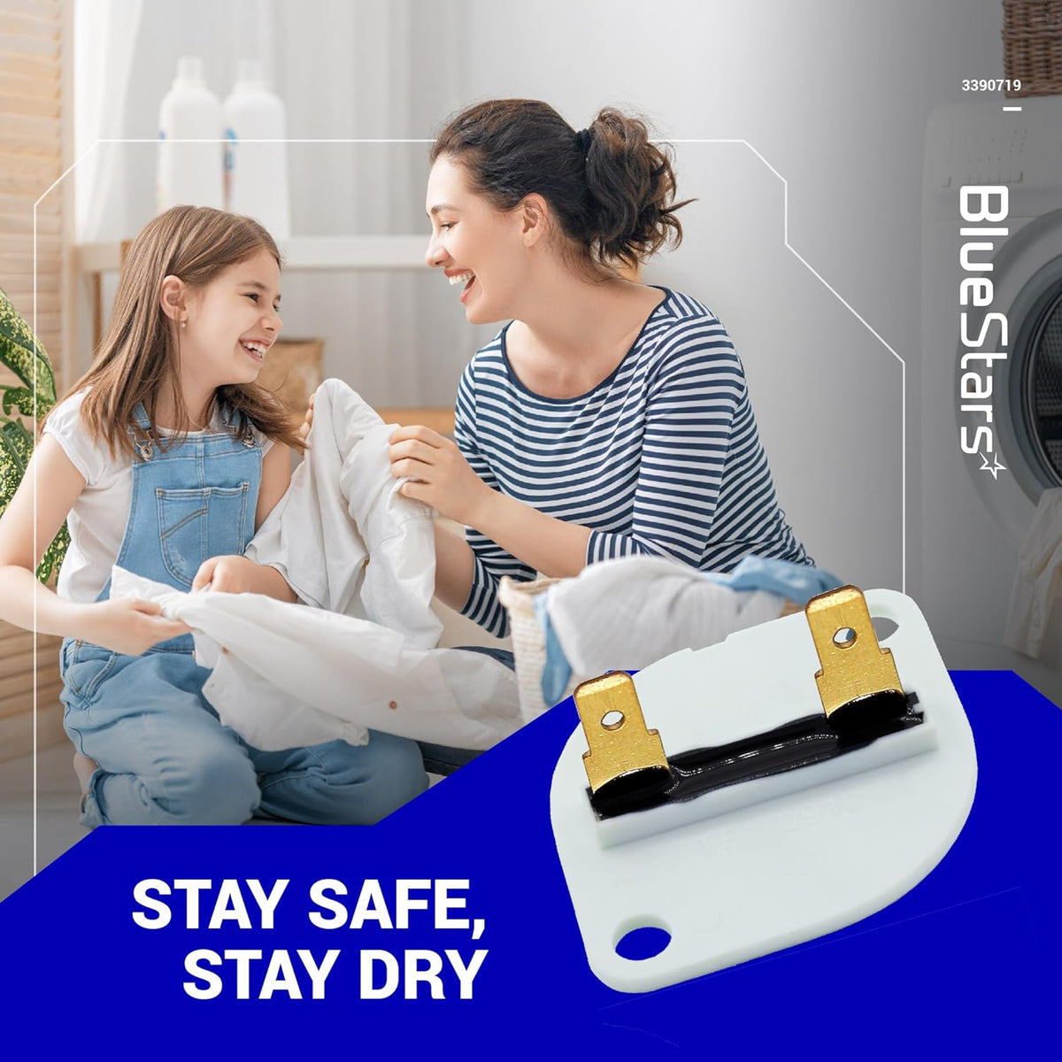 3390719 dryer thermal fuse replacement part for Whirlpool and Kenmore dryers shown in a lifestyle product graphic.