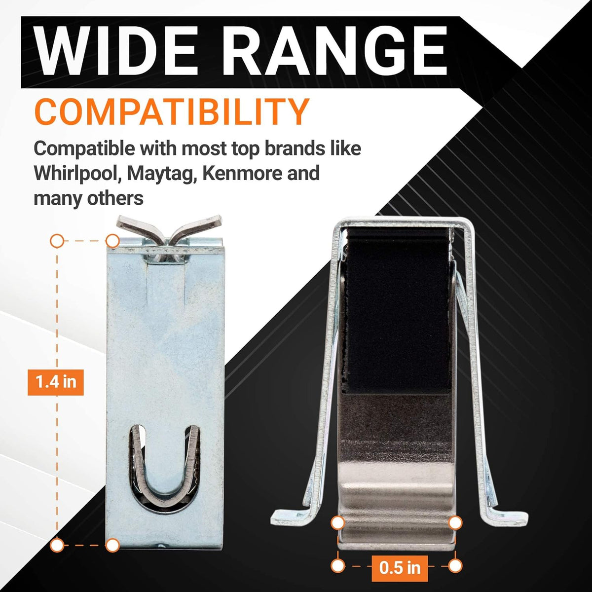 W10111905 dryer door catch showing dimensions of 1.4 inches by 0.5 inches for Whirlpool and Kenmore dryer compatibility.