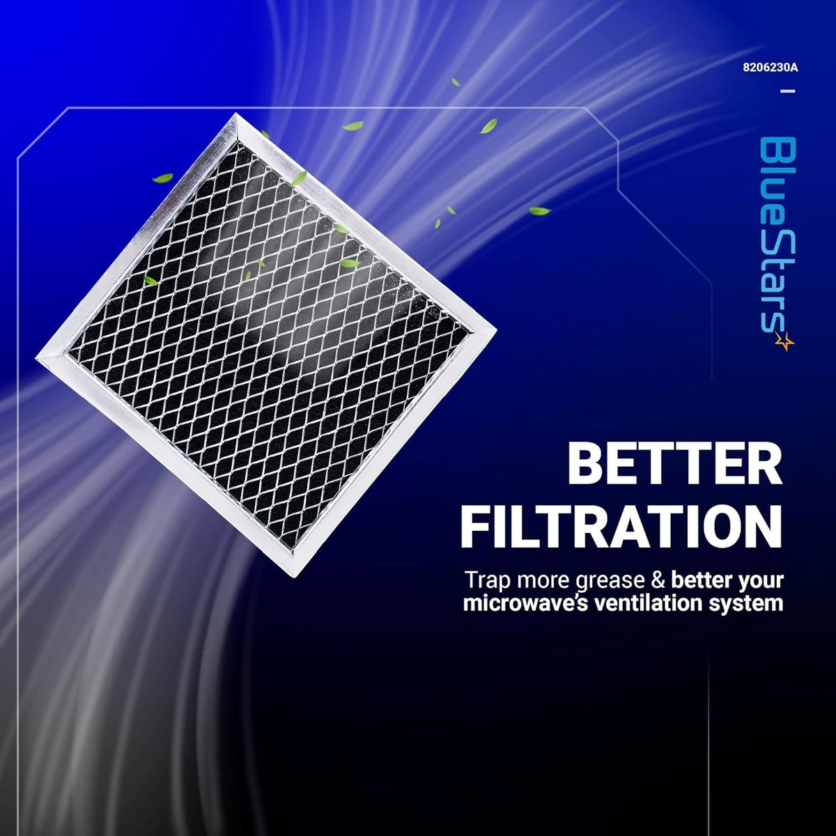 8206230A microwave charcoal filter for Whirlpool and Maytag with Better Filtration graphic.