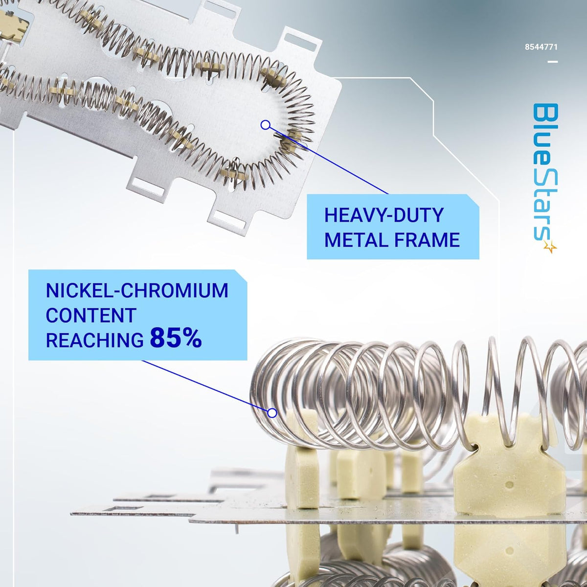 Close-up of 8544771 dryer heating element showing heavy-duty metal frame and nickel-chromium coil construction.