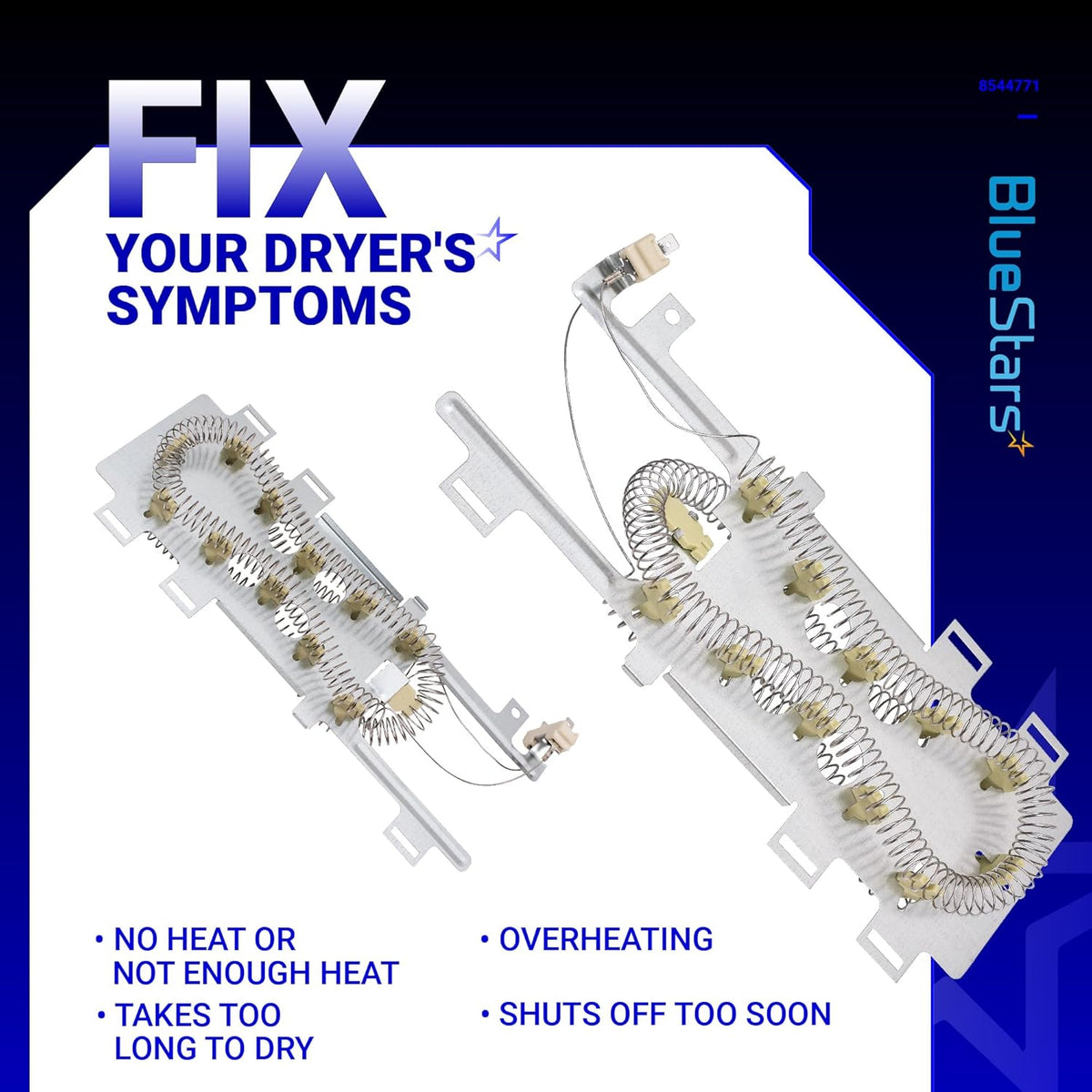 Two 8544771 dryer heating elements shown from different angles for Whirlpool, Kenmore, and Maytag dryers.