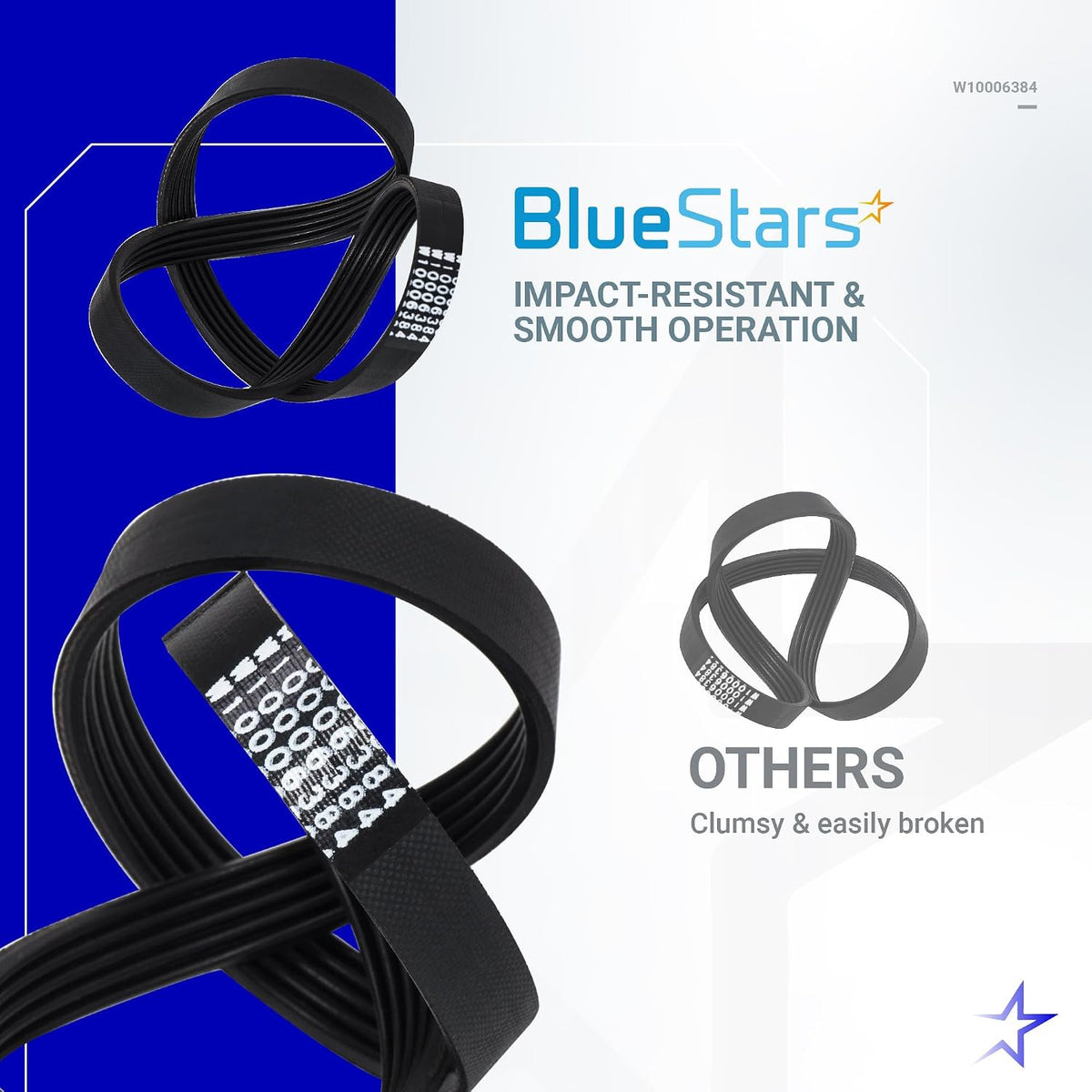 W10006384 Washer Drive Belt, BlueStars belt shown in comparison with other belts