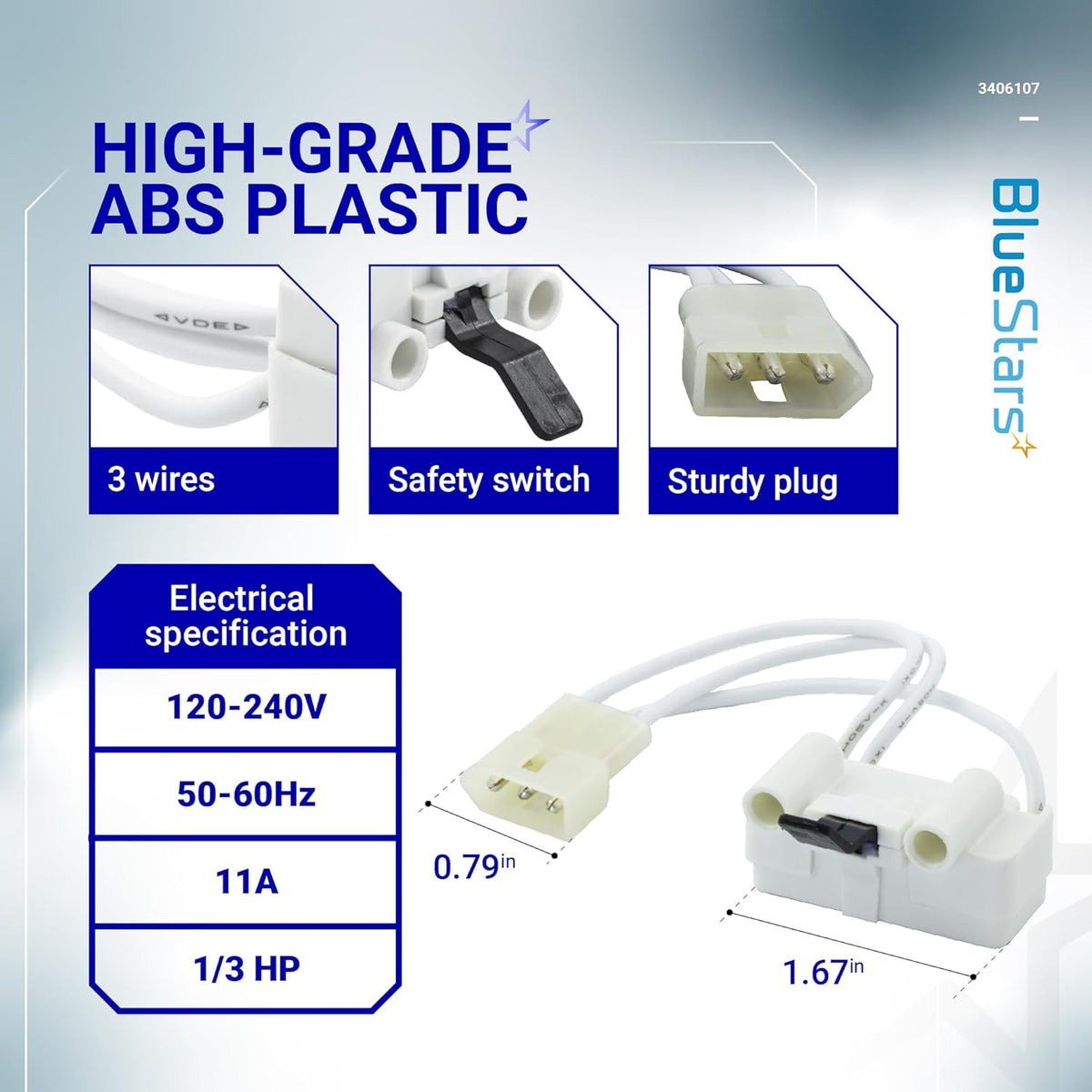 Infographic showing WP3406107 dryer door switch features, electrical specifications, and dimensions.