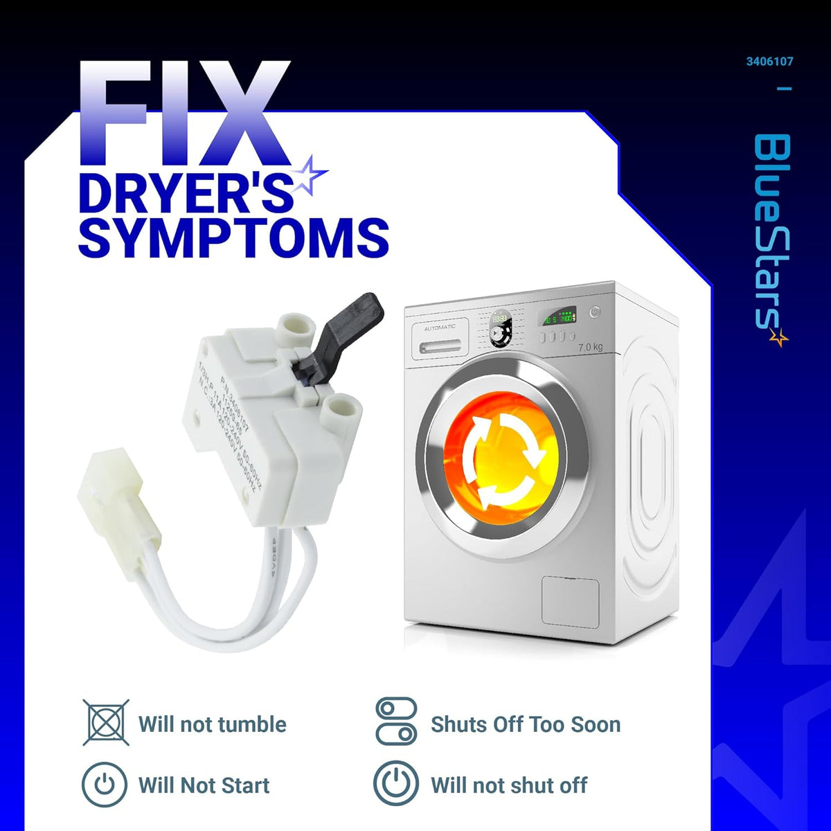 WP3406107 dryer door switch replacement part shown with dryer troubleshooting symptoms graphic.