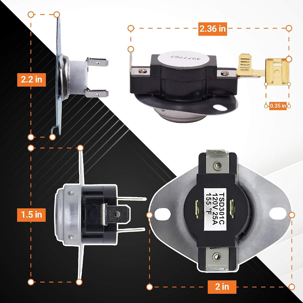 3387134 Cycling Thermostat, 3392519 Dryer Thermal Fuse, 3977393 Thermal Cut-off Switch, 3977767 Kit, dimensions