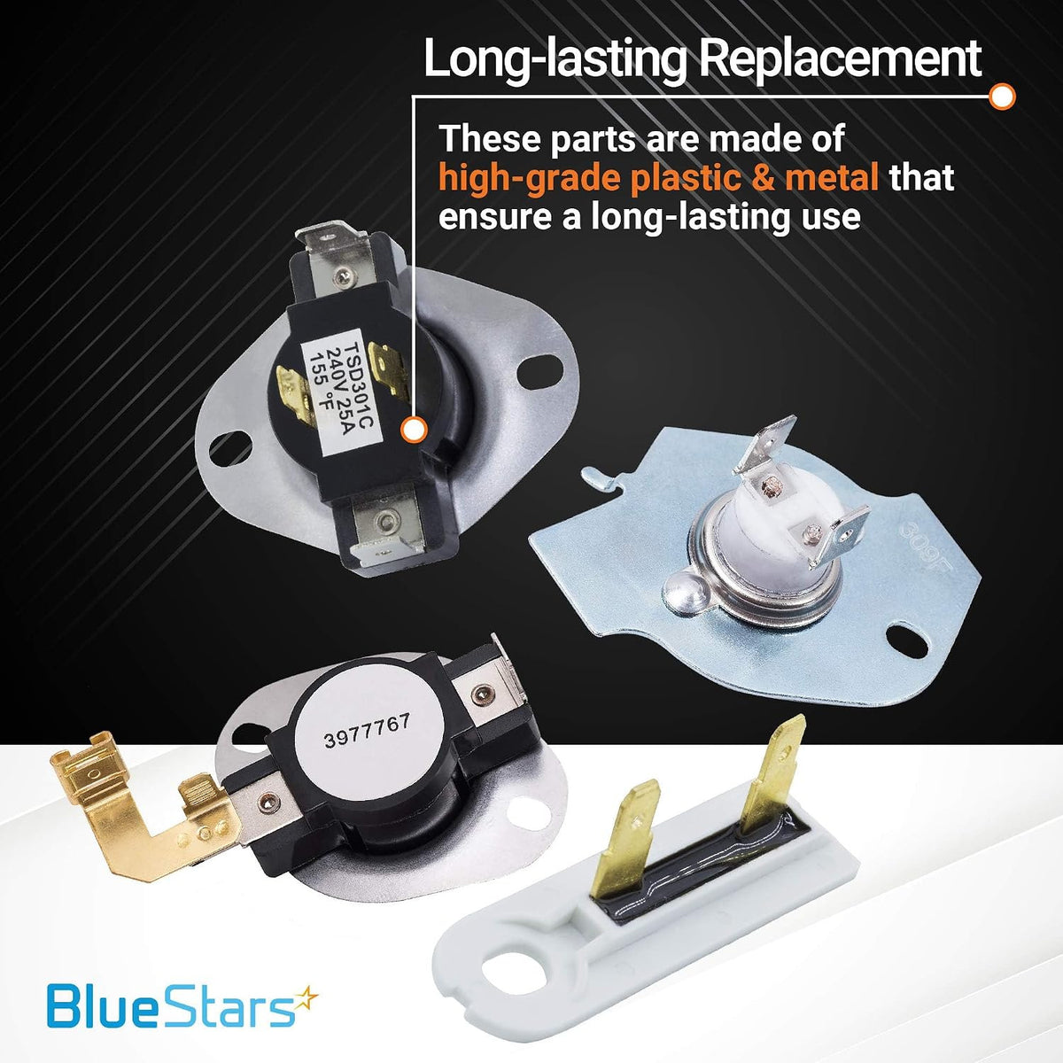 3387134 Cycling Thermostat, 3392519 Thermal Fuse, 3977393 Cut-off Switch, 3977767 Thermostat Kit, four parts shown