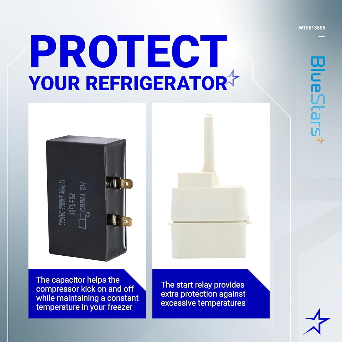 W10613606 refrigerator compressor start relay and capacitor set with descriptive function labels.
