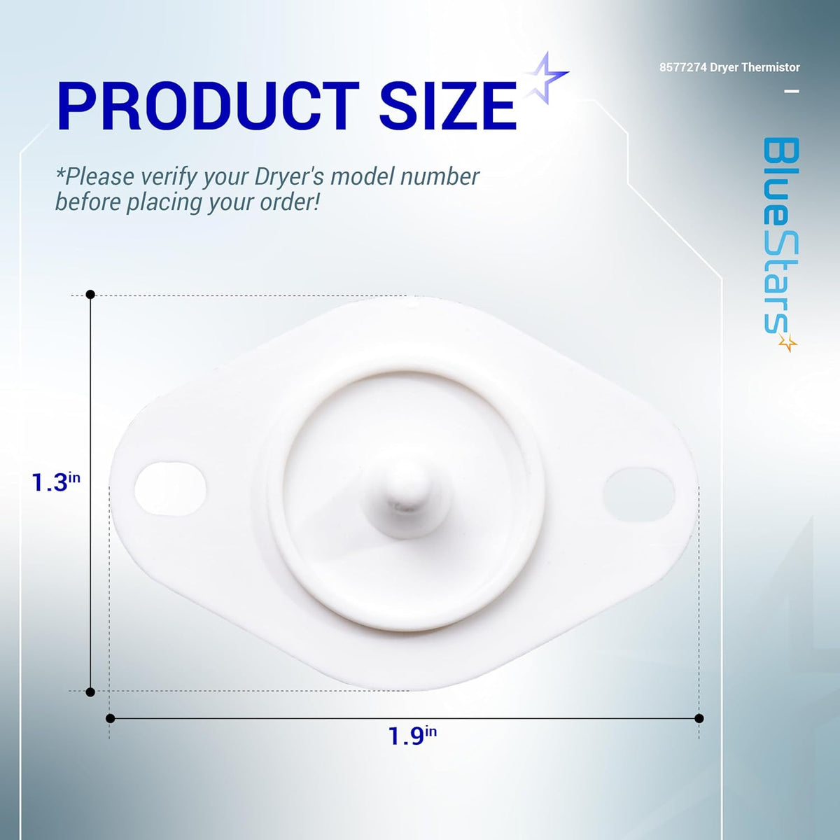 Dimensional diagram of 8577274 dryer thermistor showing 1.9-inch width and 1.3-inch height.