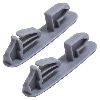 Two gray dishwasher upper rack slide rail stop clips for Whirlpool, Kenmore, and KitchenAid dishwashers.