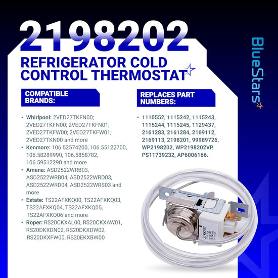 2198202 refrigerator cold control thermostat replacement part with compatibility and cross-reference information graphic.