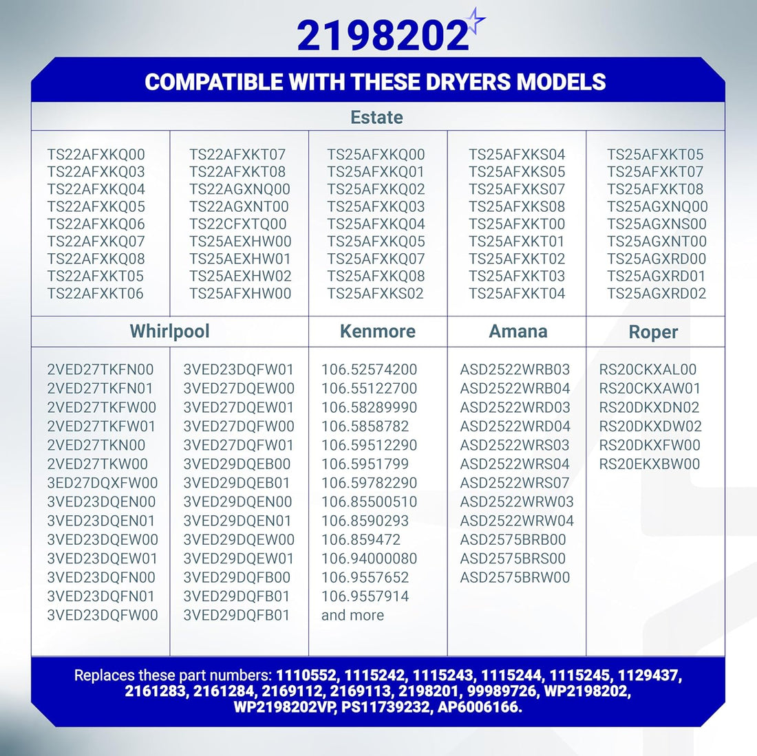 Compatibility chart for 2198202 refrigerator cold control thermostat listing compatible dryer and refrigerator models.
