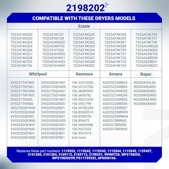 Compatibility chart for 2198202 refrigerator cold control thermostat listing compatible dryer and refrigerator models.
