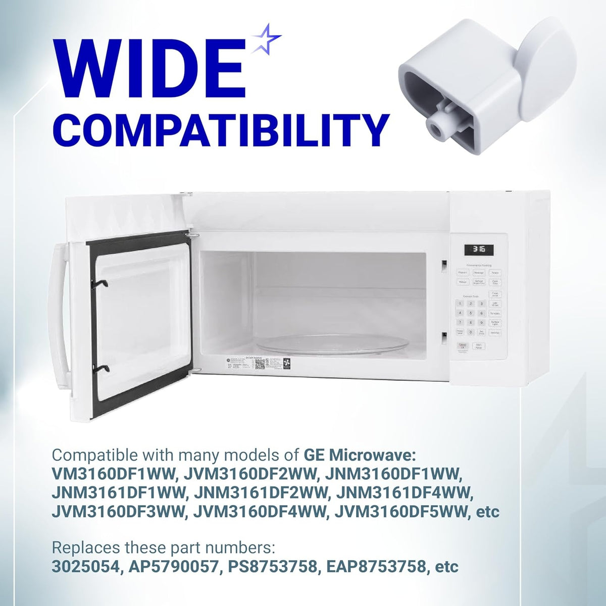 WB06X10943 microwave door handle support shown with compatible GE microwave model and replacement part list.