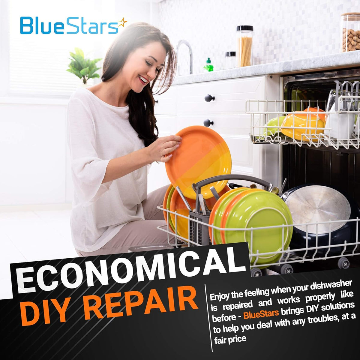 Woman loading colorful plates into a dishwasher, representing a successful DIY repair with BlueStars parts.