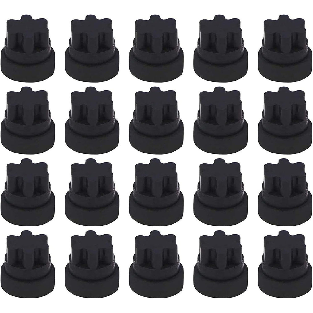 Pack of 20 black rubber grate feet replacement pads for Thermador and Bosch range cooktops.