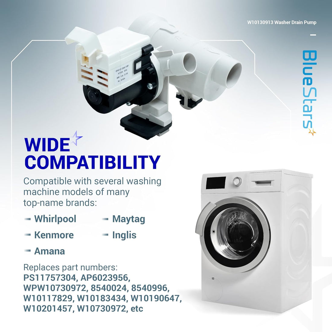 WPW10730972 washer drain pump assembly for Whirlpool, Kenmore, and Maytag washing machines.