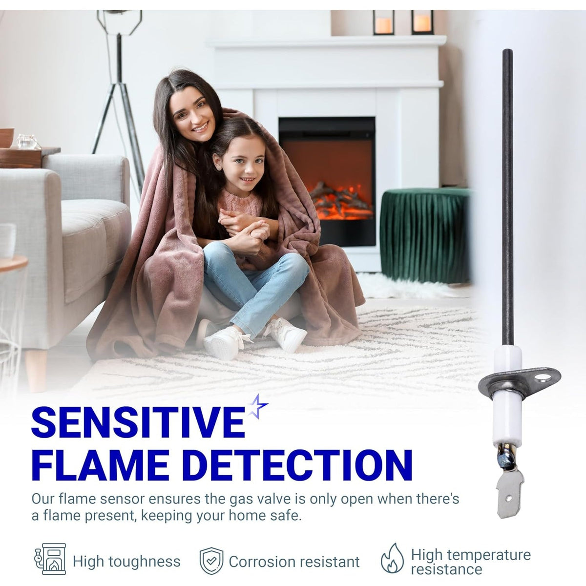 52W29 furnace flame sensor with ceramic insulator and mounting bracket shown in a lifestyle product graphic.
