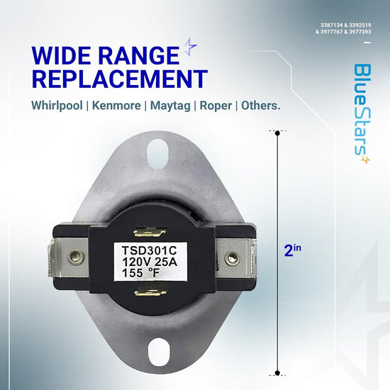 3387134 cycling thermostat replacement for Whirlpool, Kenmore, and Maytag dryers with 2-inch measurement label.