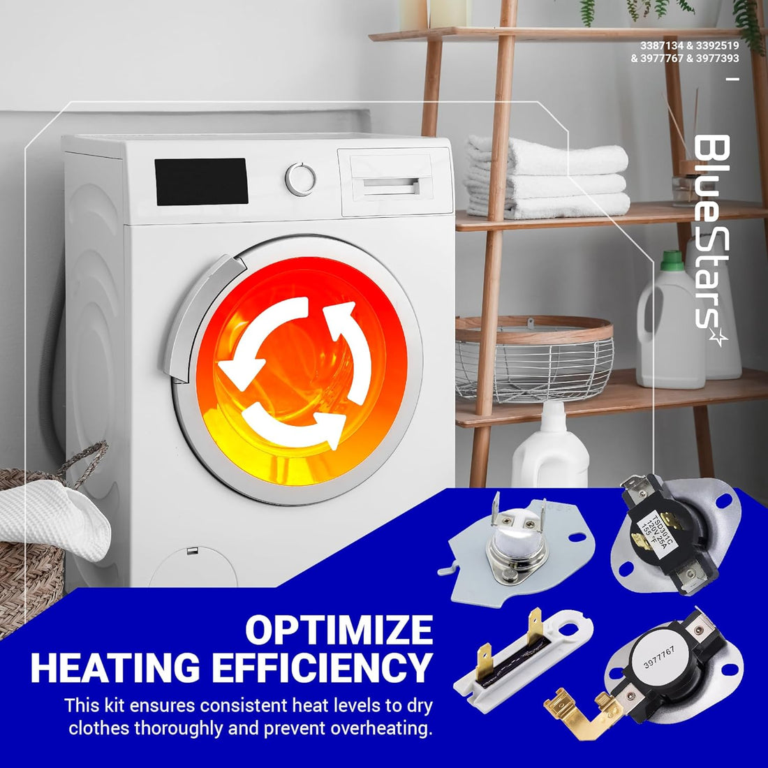 Dryer thermostat and thermal fuse replacement kit for Whirlpool, Kenmore, and Maytag dryers.