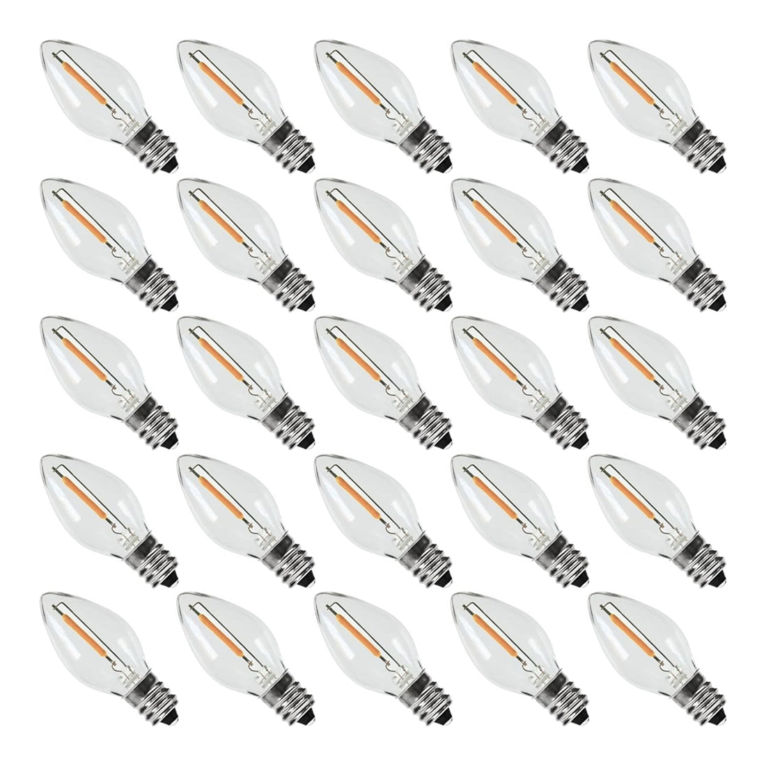 25-pack C7 LED replacement bulbs warm white 2200K clear plastic with BlueStars box