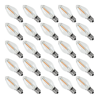 25-pack C7 LED replacement bulbs warm white 2200K clear plastic with BlueStars box
