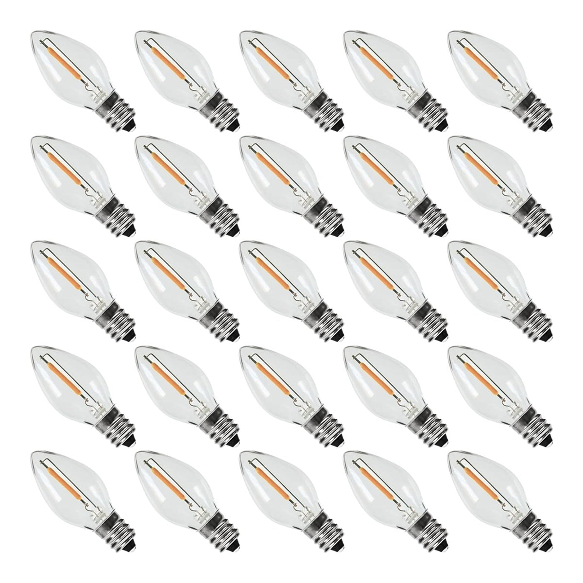 25-pack C7 LED replacement bulbs warm white 2200K clear plastic with BlueStars box