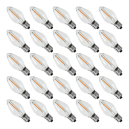 25-pack C7 LED replacement bulbs warm white 2200K clear plastic with BlueStars box