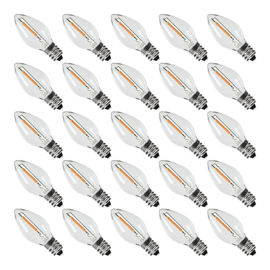 25-pack C7 LED replacement bulbs warm white 2200K clear plastic with BlueStars box