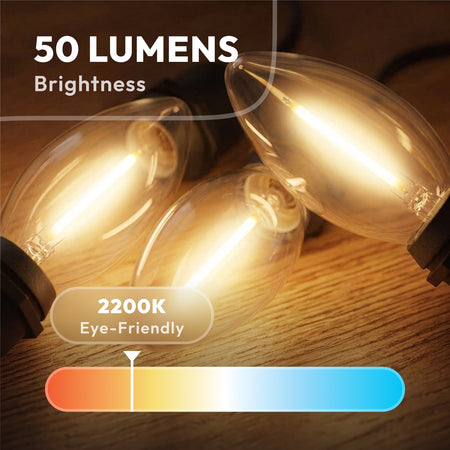 Vintage warm white 2200K C7 LED bulb glowing softly with eye-friendly 50 lumens brightness
