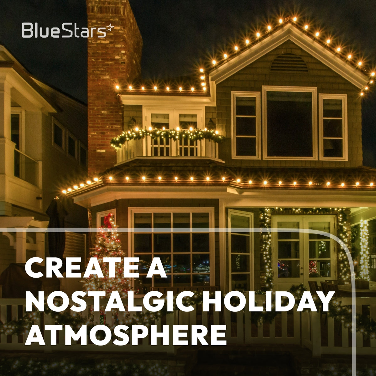 Nostalgic holiday atmosphere with C7 LED warm white bulbs in window candles and patio string lights