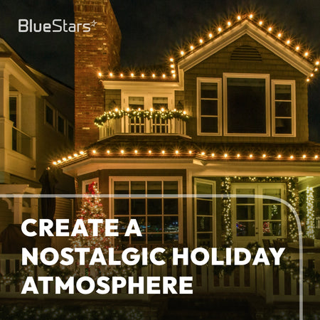 Nostalgic holiday atmosphere with C7 LED warm white bulbs in window candles and patio string lights