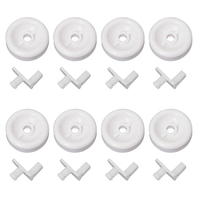 Pack of 8 white dishwasher lower rack wheels and mounting studs for GE and Kenmore dishwashers.