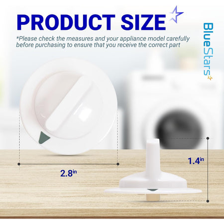 WE1M652 Dryer Timer Control Knob with Metal Ring, front and side views showing 2.8-inch width and 1.4-inch height