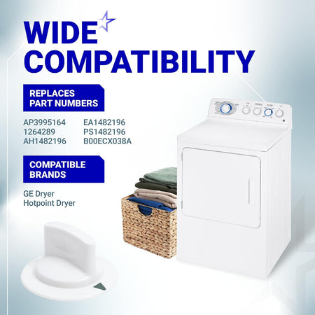 WE1M652 Dryer Timer Control Knob with Metal Ring, compatibility graphic showing knob, GE/Hotpoint dryer and part numbers