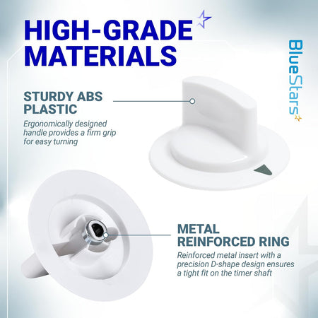 WE1M652 Dryer Timer Control Knob with Metal Ring, front and underside views showing ABS plastic and reinforced metal ring