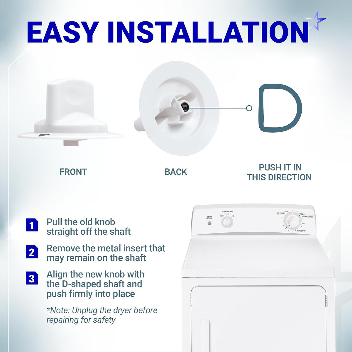 WE1M652 dryer timer control knob showing front, back, metal ring, installation direction, and dryer panel