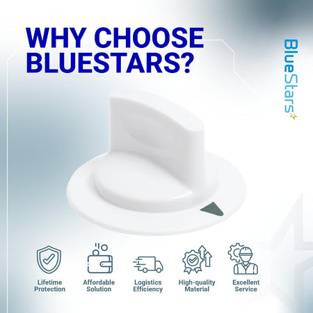WE1M652 Dryer Timer Control Knob with Metal Ring shown in a BlueStars promotional graphic