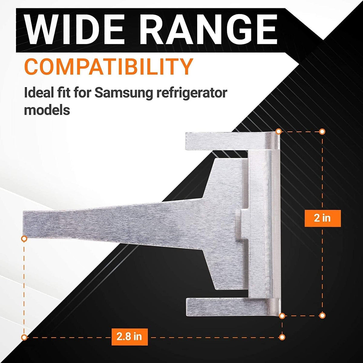 DA61-06796A refrigerator drain evaporator clip showing 2.8 inch length and 2 inch height dimensions.