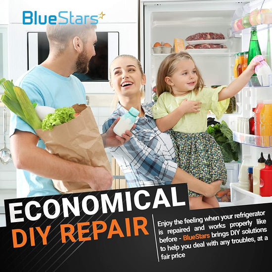 Family smiling in front of a working Samsung refrigerator, promoting DIY repair for DA61-06796A evaporator drain clips.