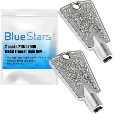 Two metal 216702900 freezer door keys with warning labels and BlueStars packaging.
