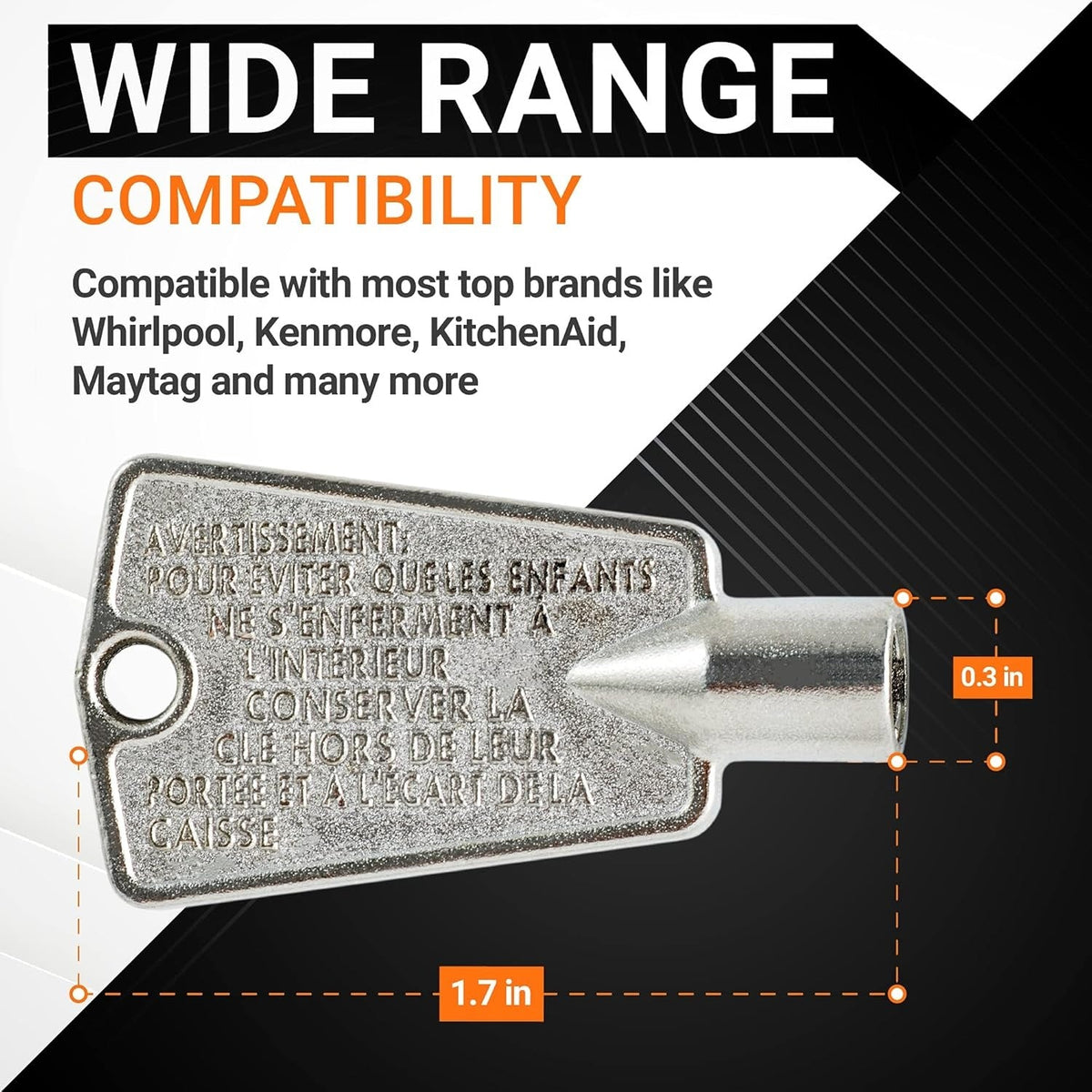 Close-up of 216702900 freezer door key with dimensions and compatibility information.