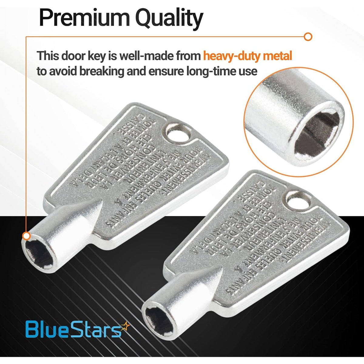 Two heavy-duty metal freezer door keys for Frigidaire and Kenmore appliances with a close-up of the key barrel.