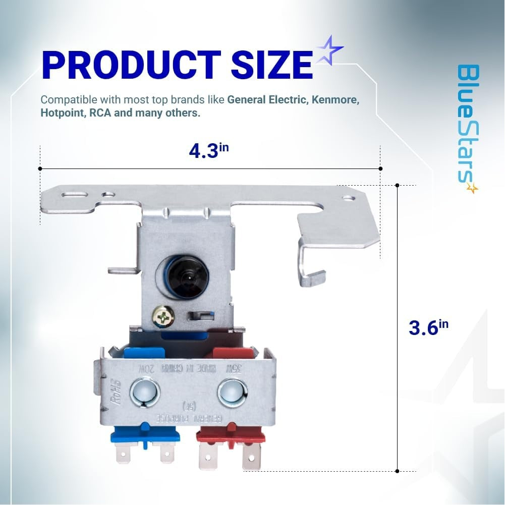 Dimensional diagram of WR57X10032 refrigerator dual solenoid water valve showing 4.3-inch width and 3.6-inch height.