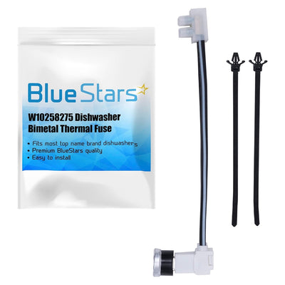 W10258275 dishwasher bimetal thermal fuse kit with wire harness and two cable ties in Blue Stars packaging.